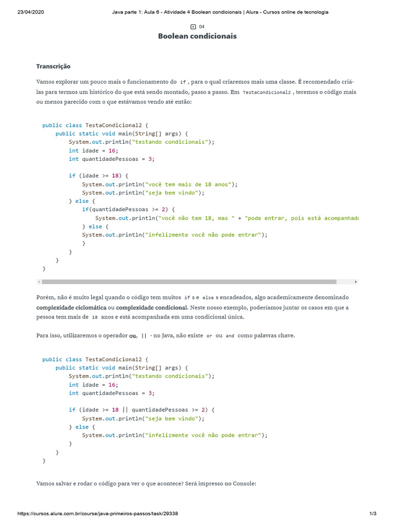 Condicionais Boolean em Java: Aula 6 | PDF | Java (linguagem de ...