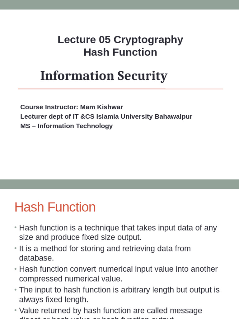 lecture 05 Hash Function | PDF | Cryptography | Public Key Cryptography