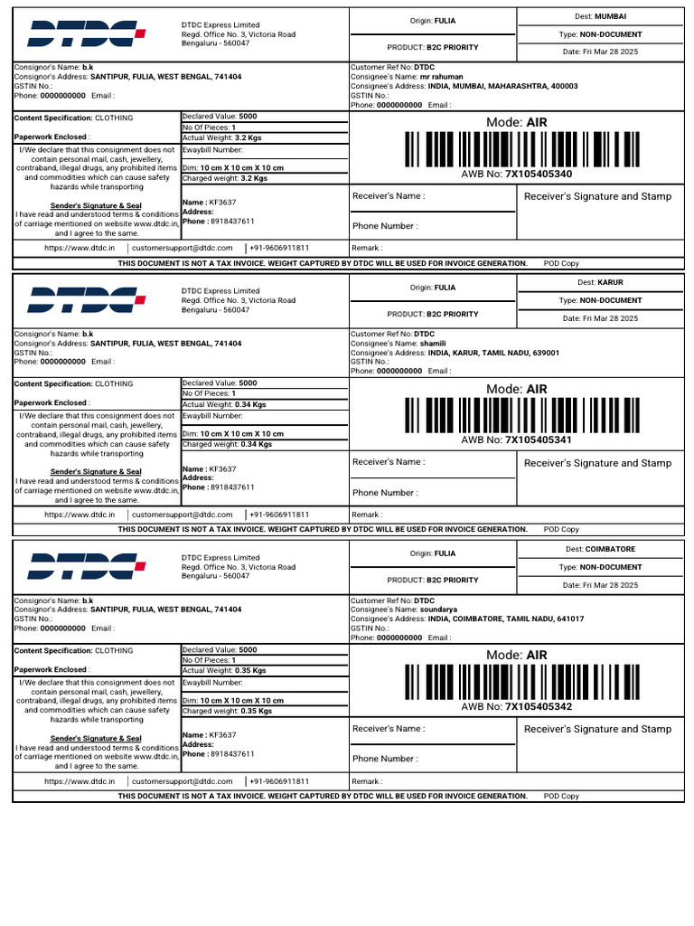 DTDC B2C Smart Express Shipments | PDF | Mail