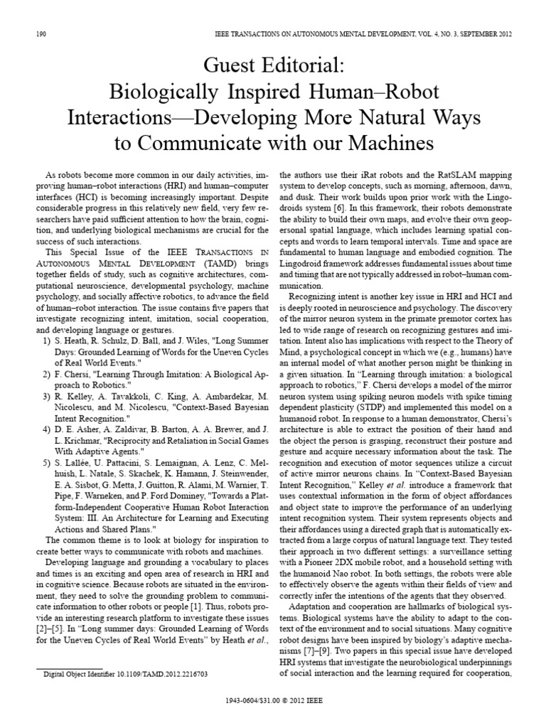 Guest Editorial Biologically Inspired Hu | PDF | Embodied Cognition ...