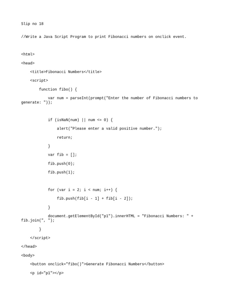 Generate Fibonacci Numbers in JavaScript | PDF