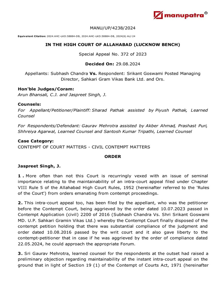 Intra-Court Appeal on Contempt Ruling | PDF | Bail | Contempt Of Court