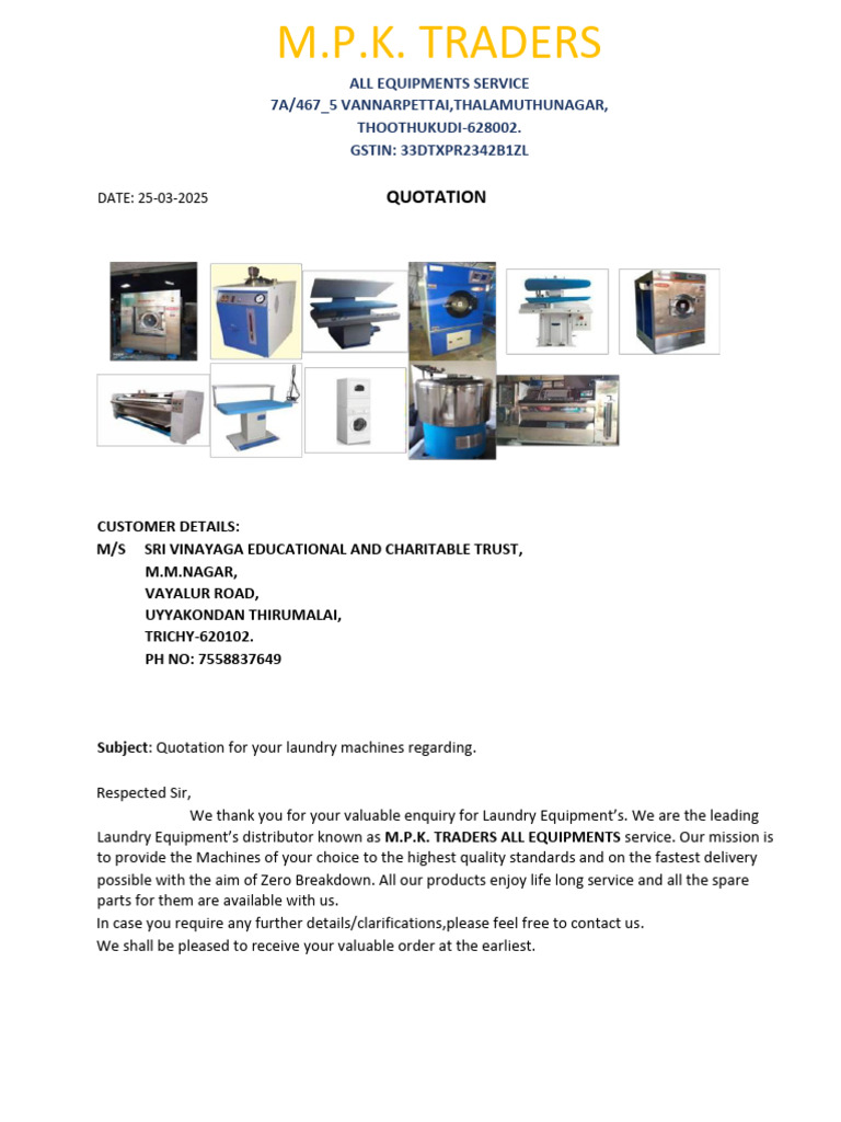 Laundry Equipment Quotation Details | PDF | Washing Machine