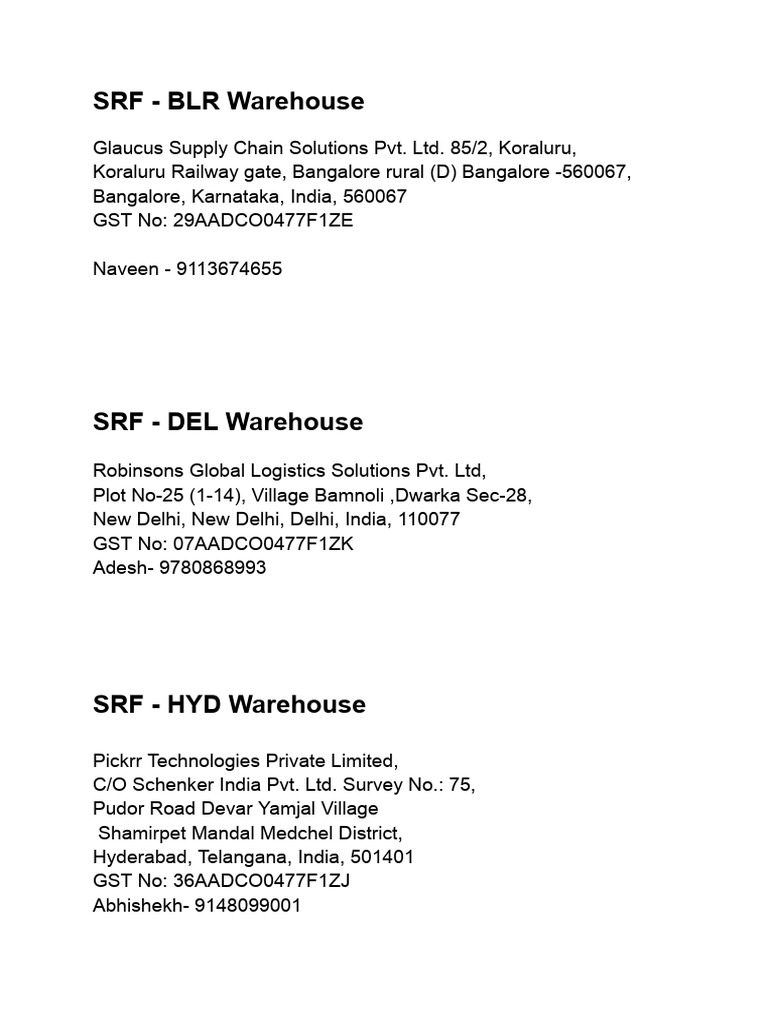 SRF Warehouse Contact Details | PDF