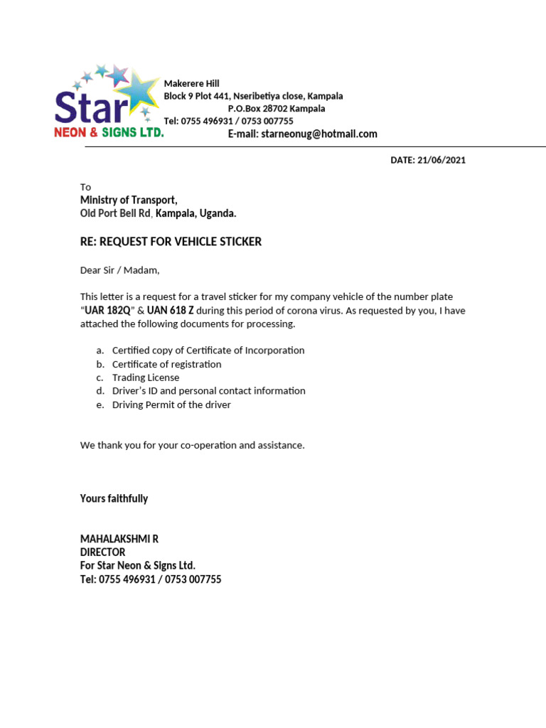 Request for Vehicle Travel Sticker | PDF