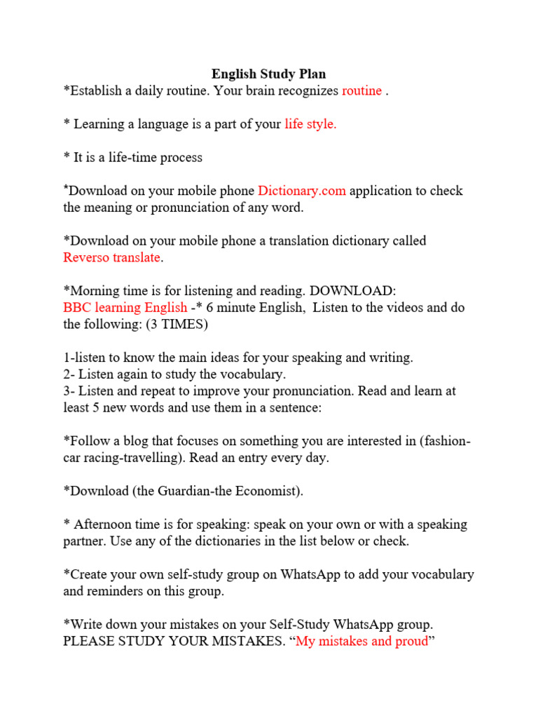 Daily English Study Plan Guide | PDF