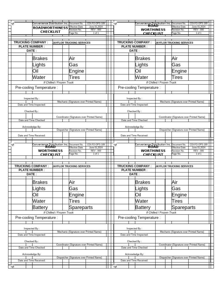 Road Worthiness Checklist for Trucks | PDF | Vehicles | Vehicle Technology