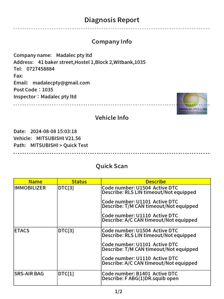 Mitsubishi DTC Diagnosis Report | PDF