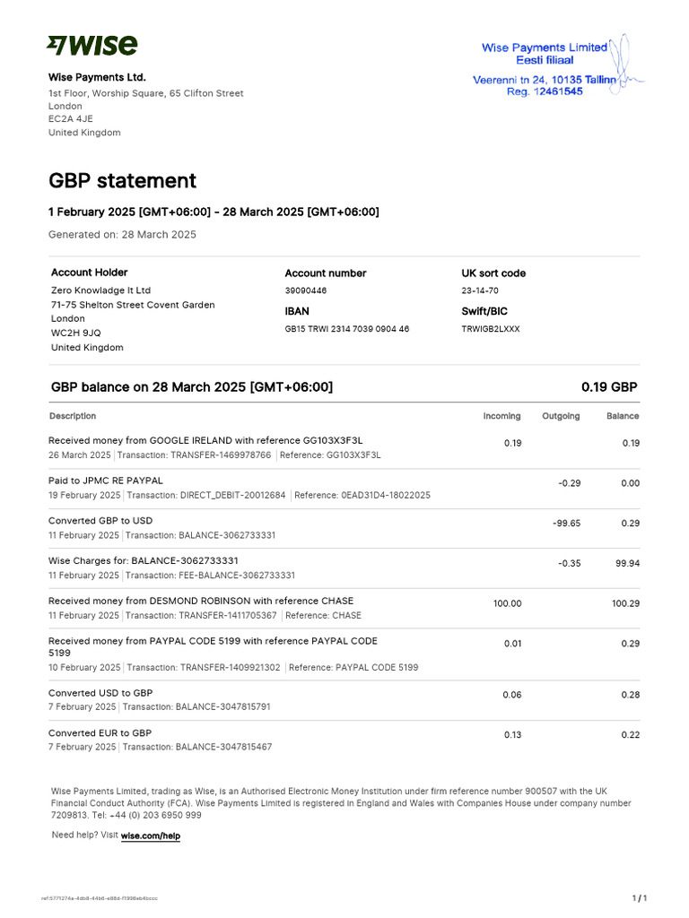 Statement 70805114 GBP 2025-02-01 2025-03-28 | PDF | Pay Pal | Banking