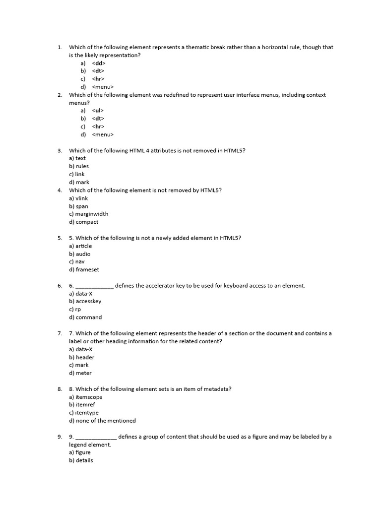 HTML5 Elements and Attributes Quiz | PDF | Html | Computing