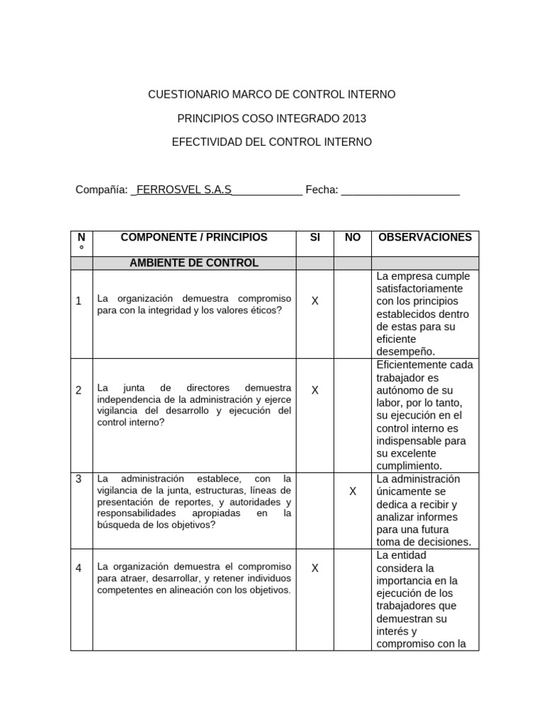 Cuestionario de Control Interno COSO 2013 | PDF | Business | Auditoría