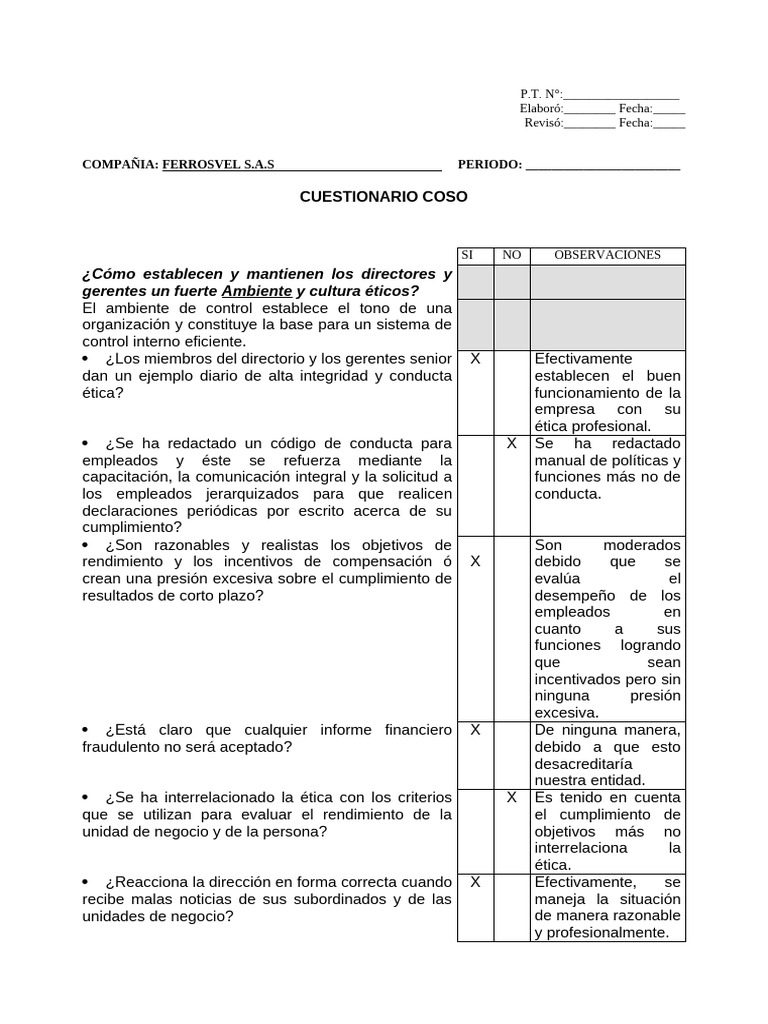Cuestionario COSO para Control Interno | PDF | Auditoría | Business