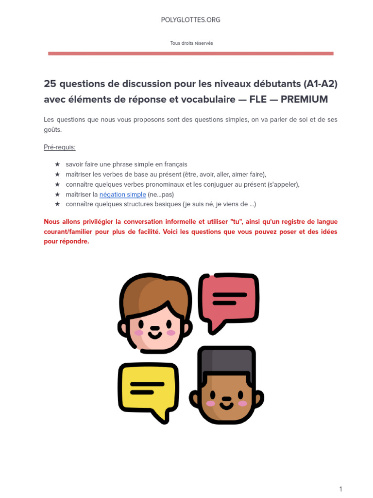 25 Questions de Discussion FLE A1-A2 | PDF | Ouverture (échecs ...