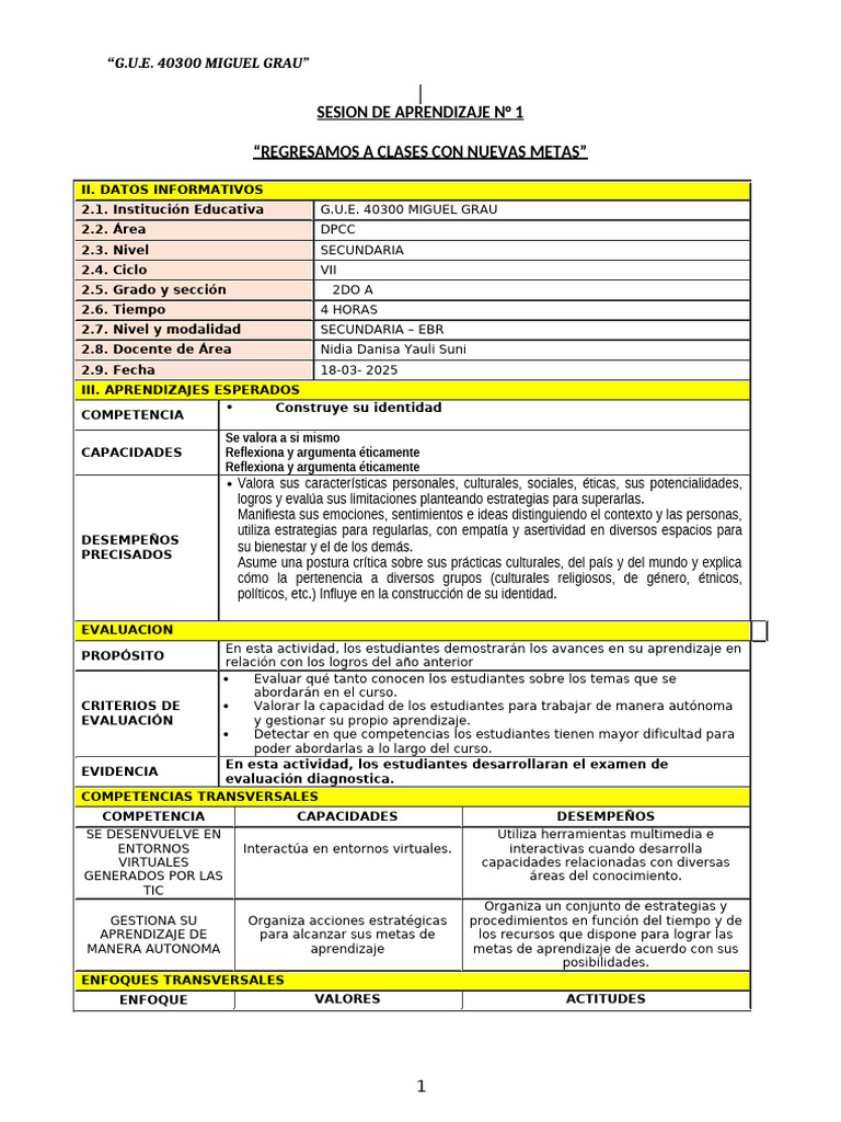 Sesion N 1 Unidad 0 DPCC Segundo | PDF | Enseñando | Aprendizaje