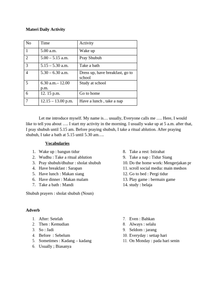 Daily Activity Routine Overview | PDF