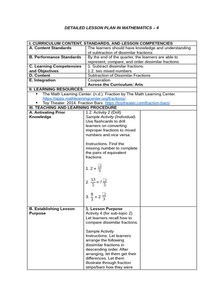 Subtracting Dissimilar Fractions Lesson Plan | PDF | Subtraction | Learning