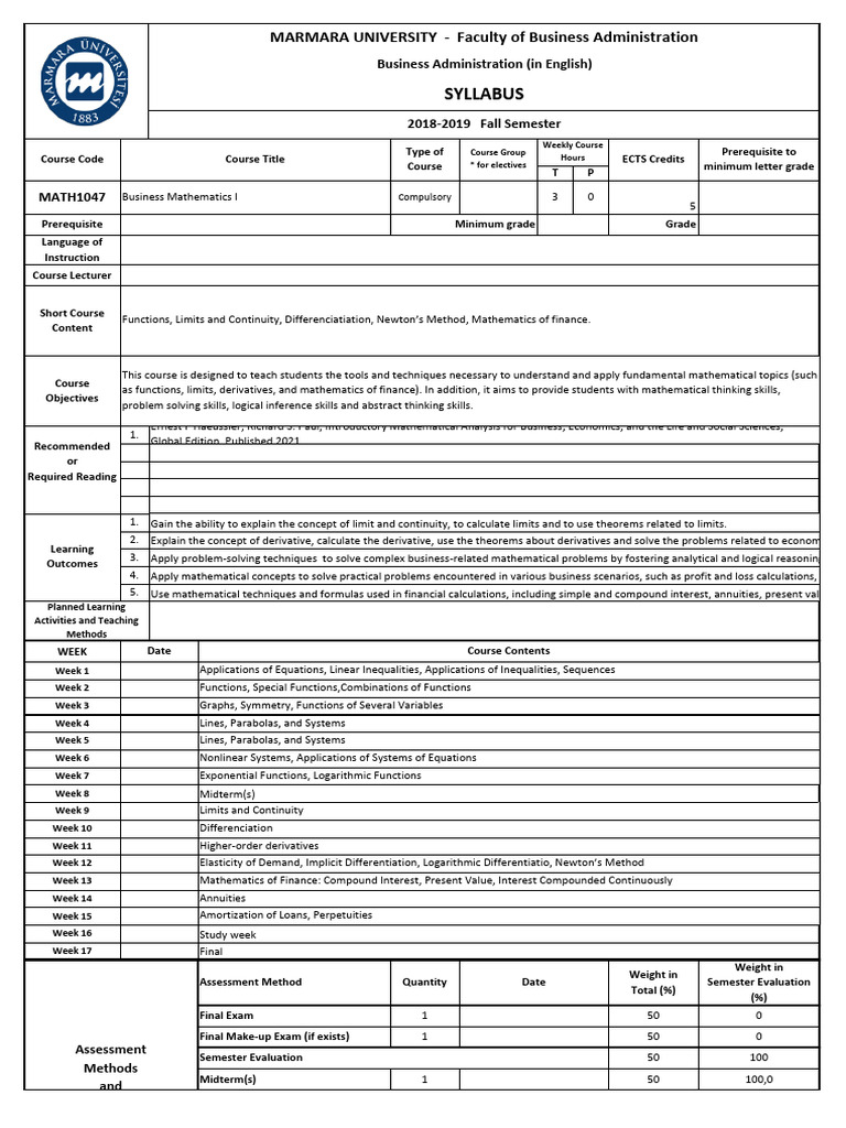 Business Mathematics I Syllabus 2018-2019 | PDF | Mathematics ...