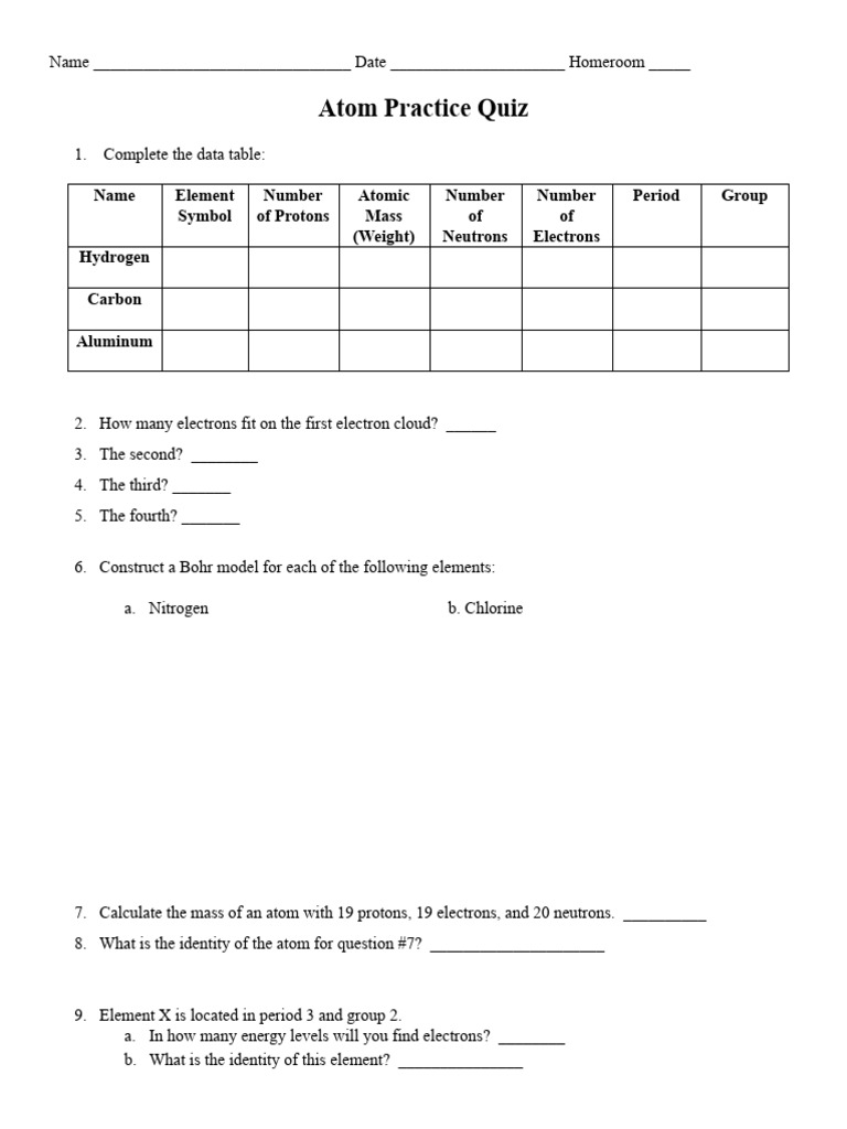 Atom Practice Quiz Worksheet | PDF