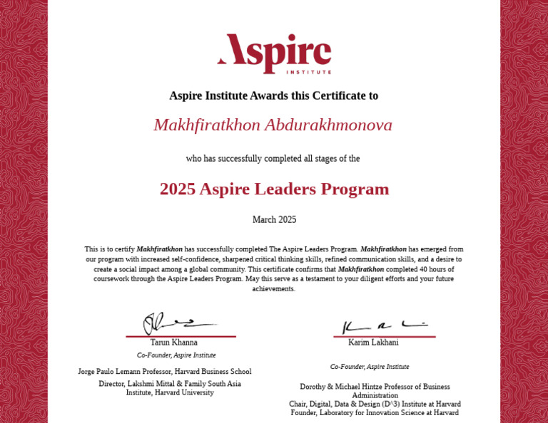 Aspire Leaders Program Certificate 2025 | PDF