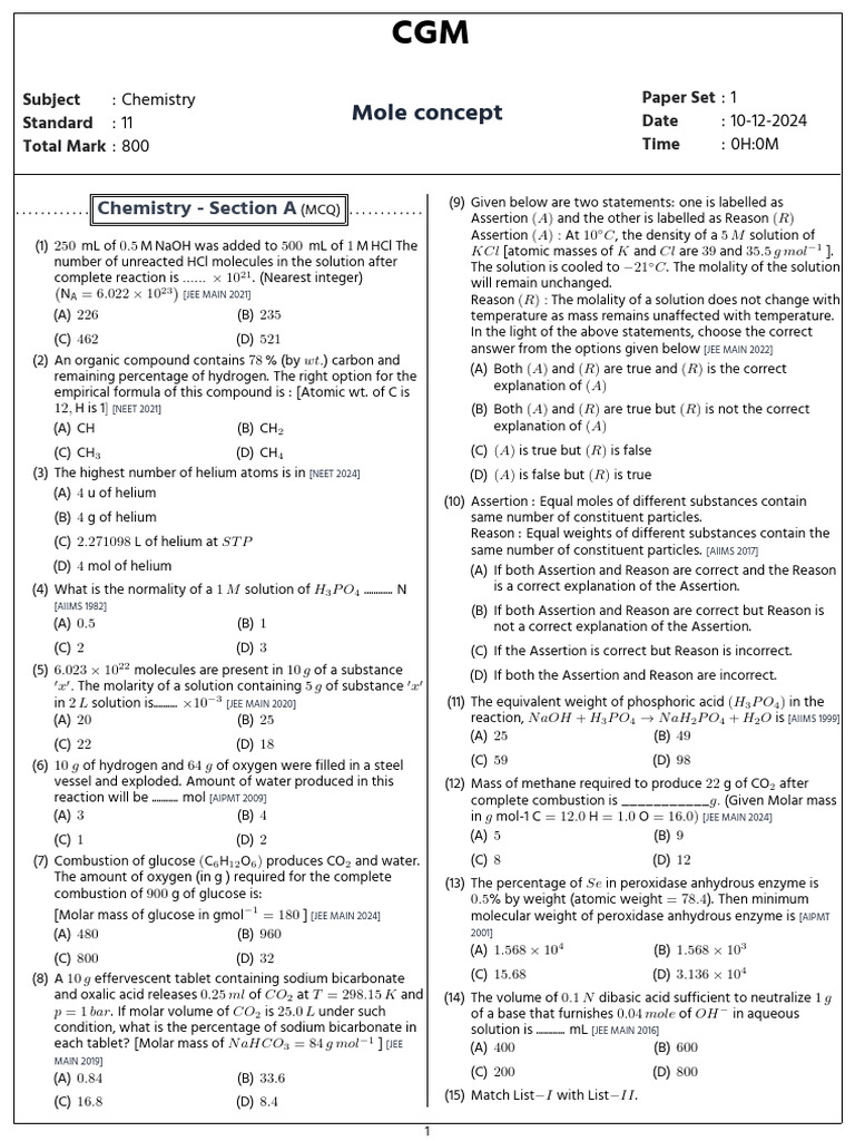 Chemistry Mole Concept MCQs for Class 11 | PDF | Mole (Unit) | Chemical ...
