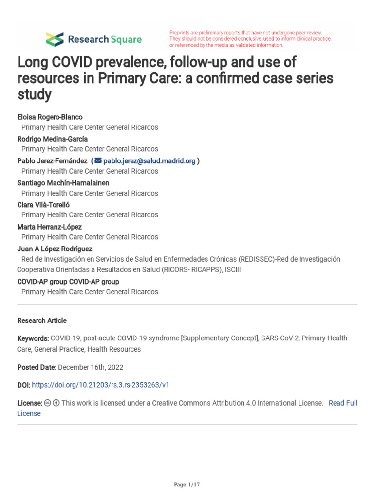 Long COVID Prevalence, Follow-Up and Use of Resources in Primary Care ...