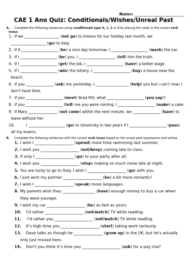 CAE 1 Ano Quiz: Conditionals & Wishes | PDF | Language Mechanics | Syntax