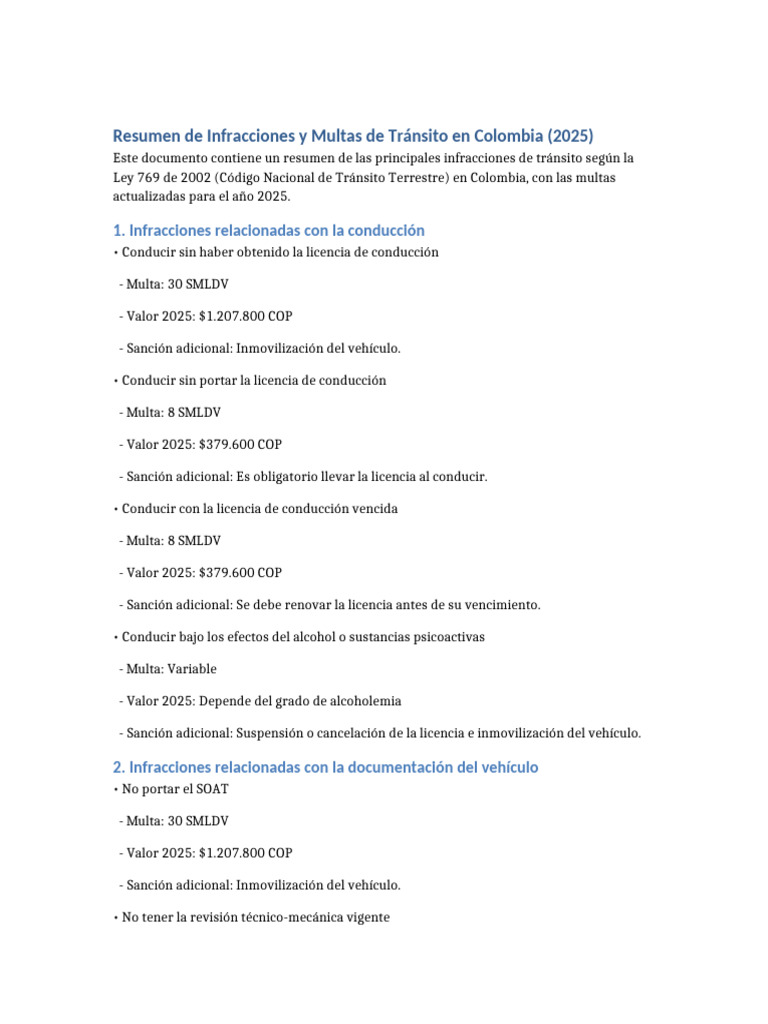 Infracciones y Multas de Tránsito 2025 | PDF | Licencia de conducir ...