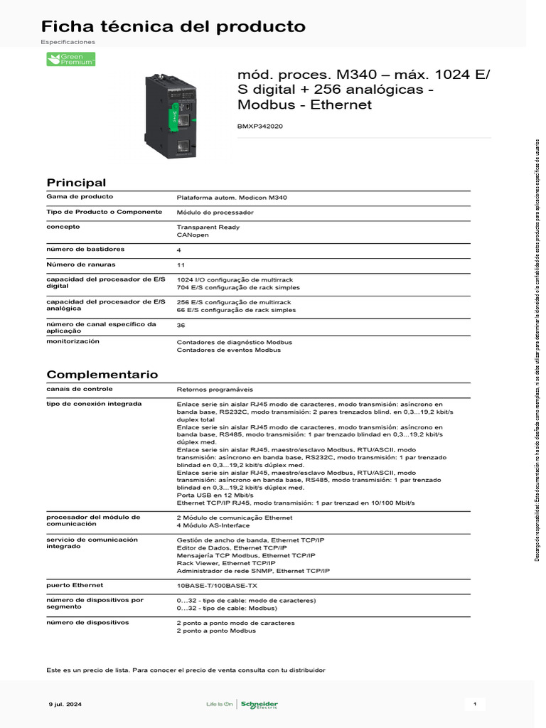Módulo Procesador Modicon M340 Especificaciones | PDF | Estándares de ...