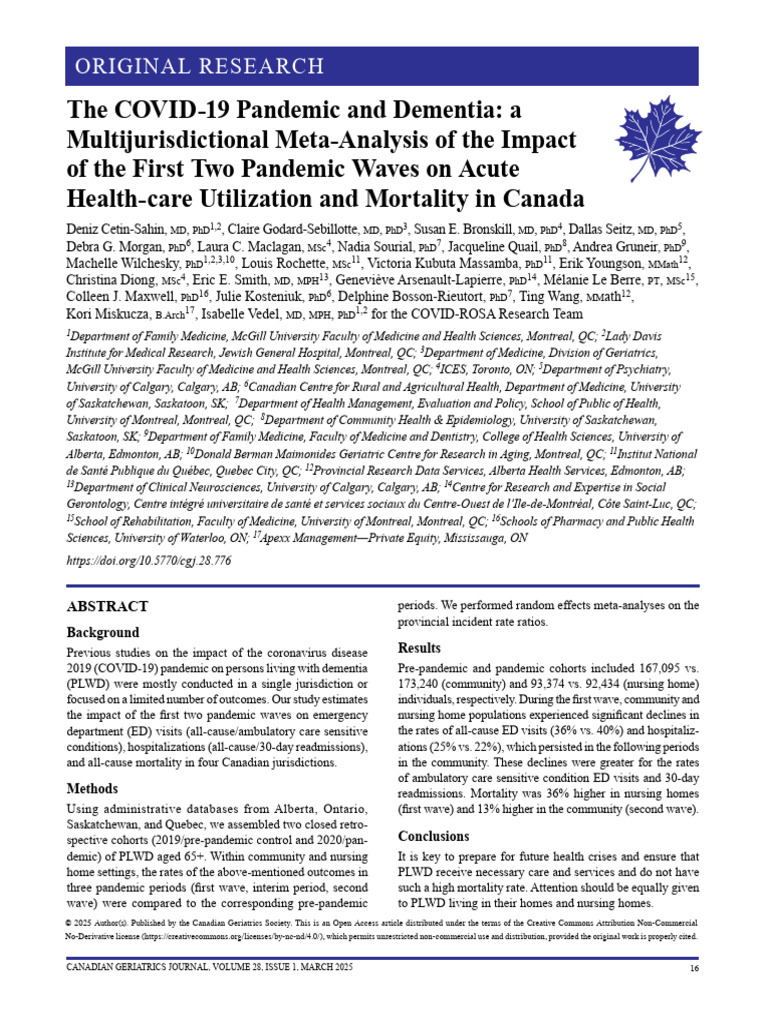 The COVID-19 Pandemic and Dementia A Multijurisdic | PDF | Cohort Study ...