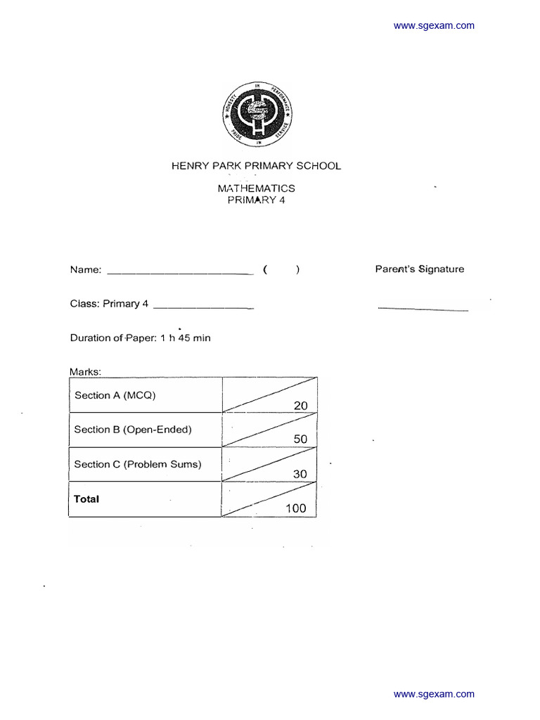 Primary 4 Mathematics Exam Paper | PDF | Standardized Tests ...