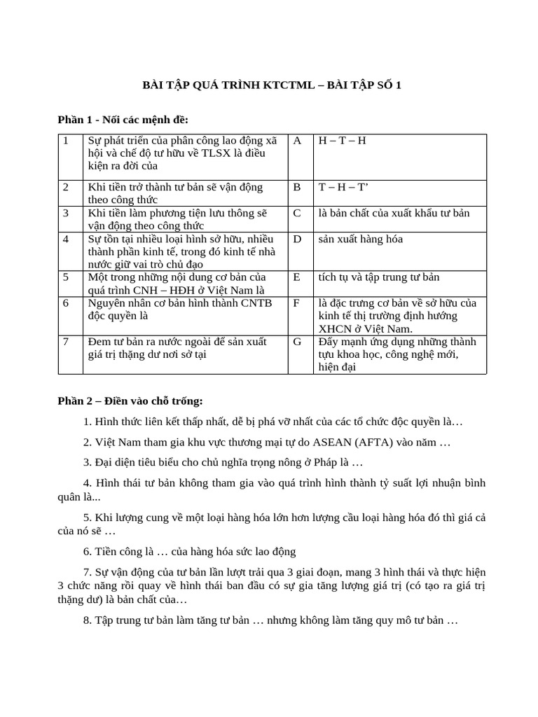 Bài Tập QT KTCT - BT 1 | PDF