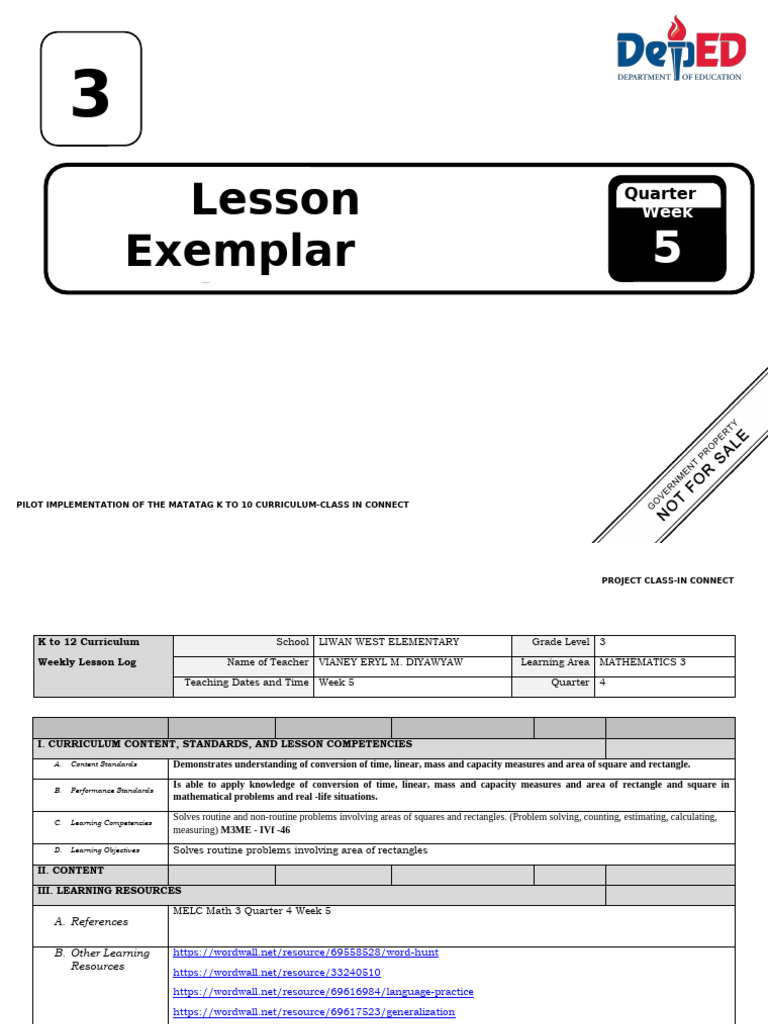 LP - G3 - Numeracy Area - Q4W5 - ABRA - Reviewed | PDF | Area | Learning