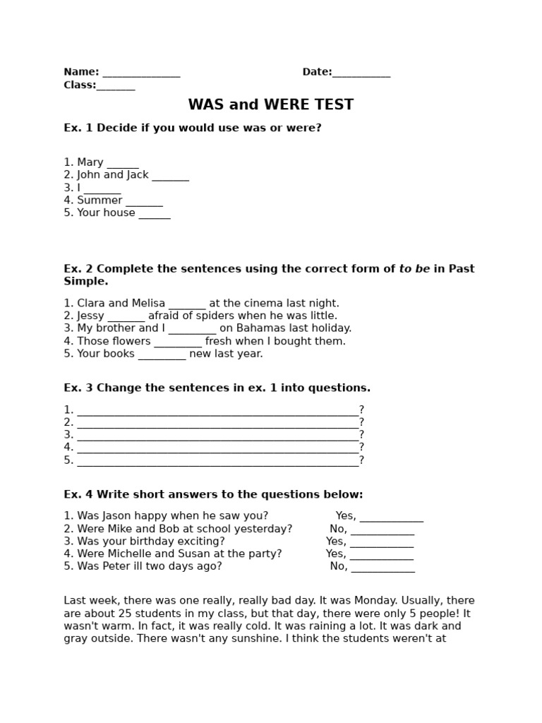 Past Simple: WAS vs. WERE Test | PDF