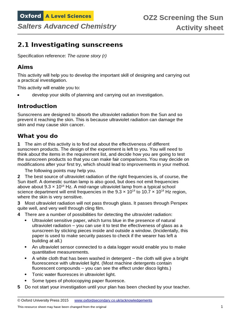 Sunscreen Effectiveness Investigation Guide | PDF | Ultraviolet | Radiation