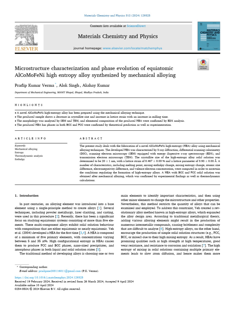 AlCoMoFeNi High Entropy Alloy Study | PDF | Condensed Matter Physics ...