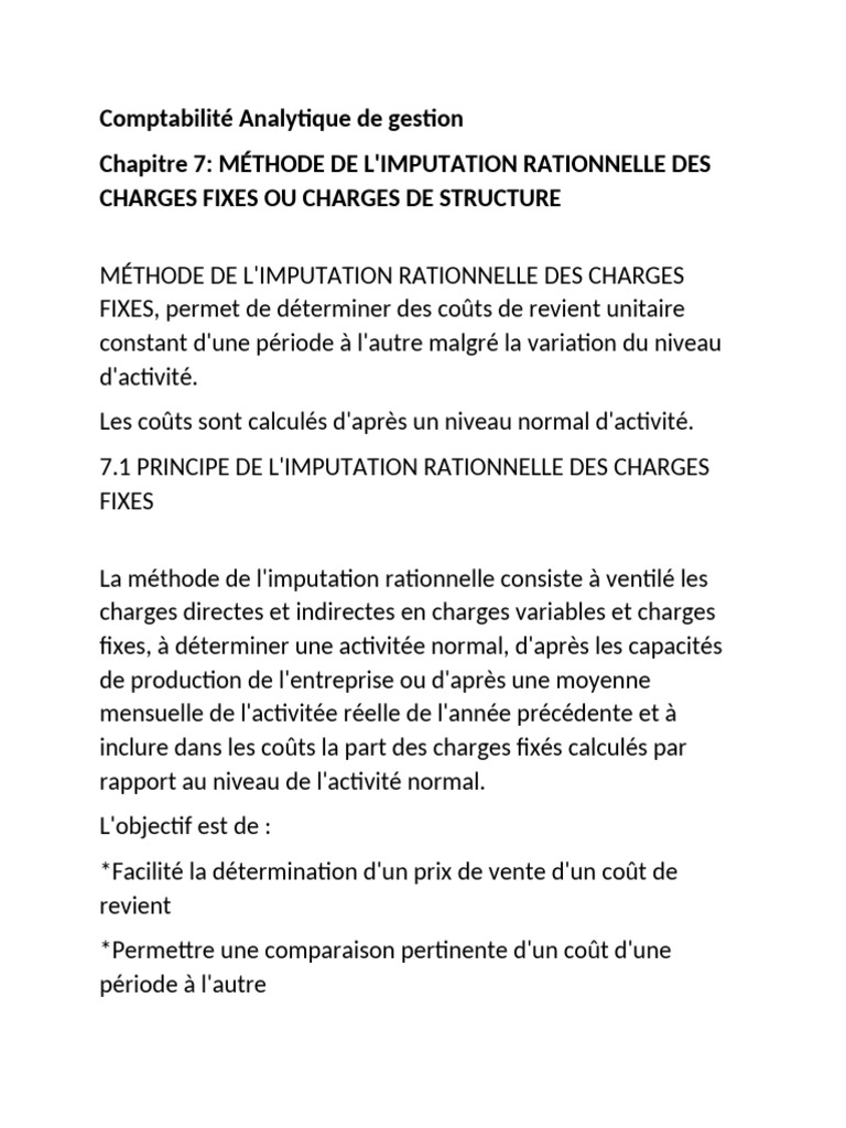 Imputation Rationnelle des Charges Fixes | PDF | Comptabilité ...