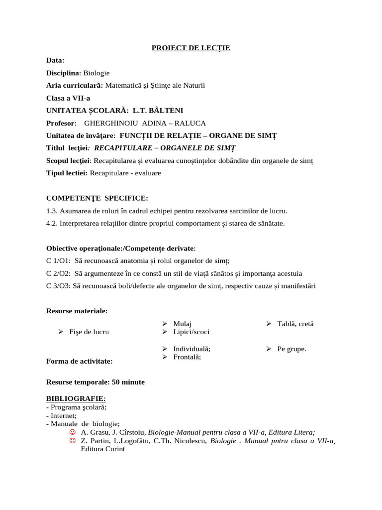 Proiect de Lectie Recapitulare Org de Simt Viifise de Lucru | PDF