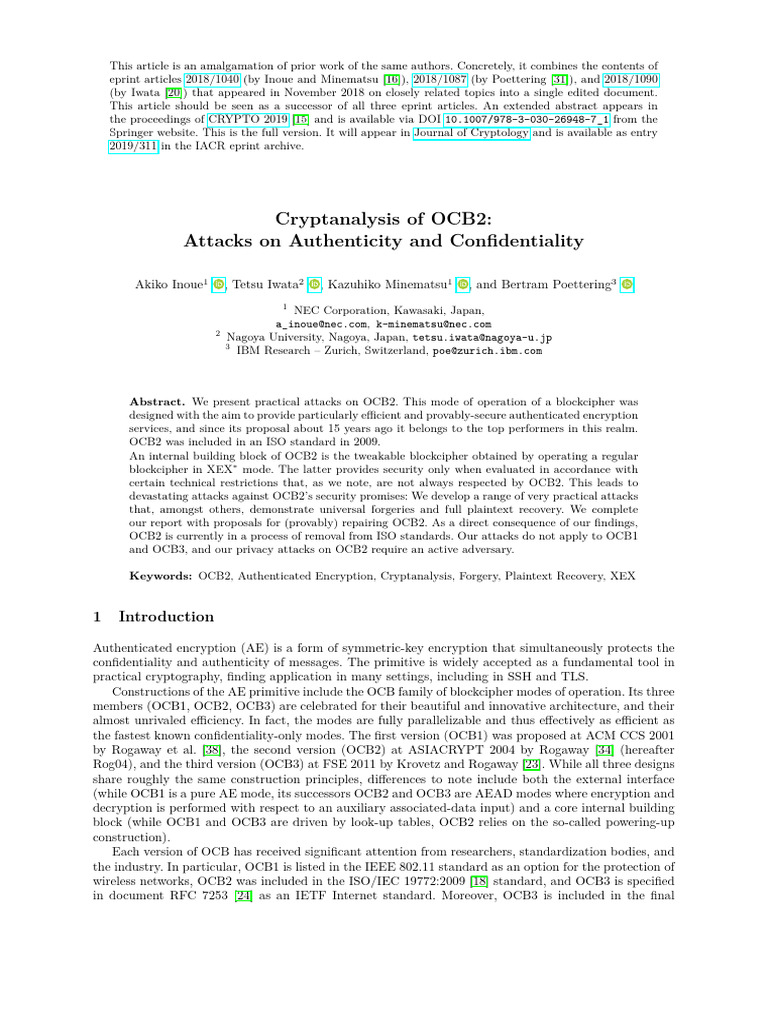 Cryptanalysis of OCB2: Attacks Revealed | PDF | Encryption | Secure ...