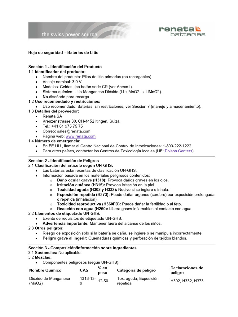 Hoja de Seguridad: Baterías de Litio | PDF | Química | Materiales