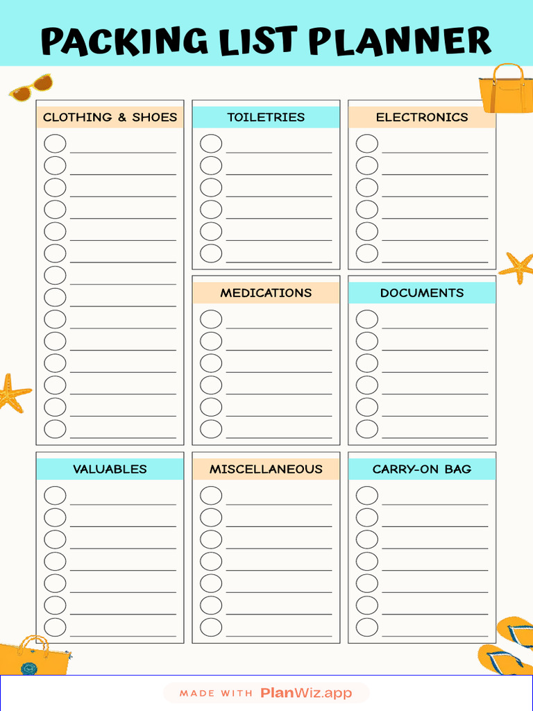 PlanWiz Comprehensive Travel Packing Checklist Organizer Planner | PDF