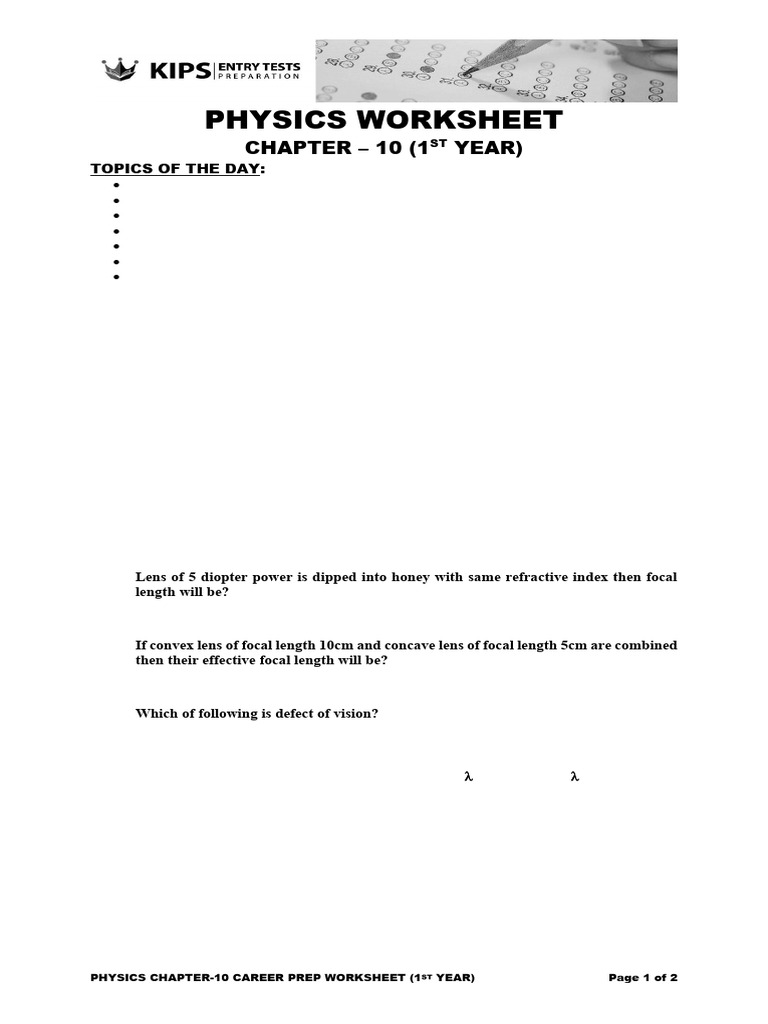 Physics Lens and Optical Instruments Worksheet | PDF | Optics ...