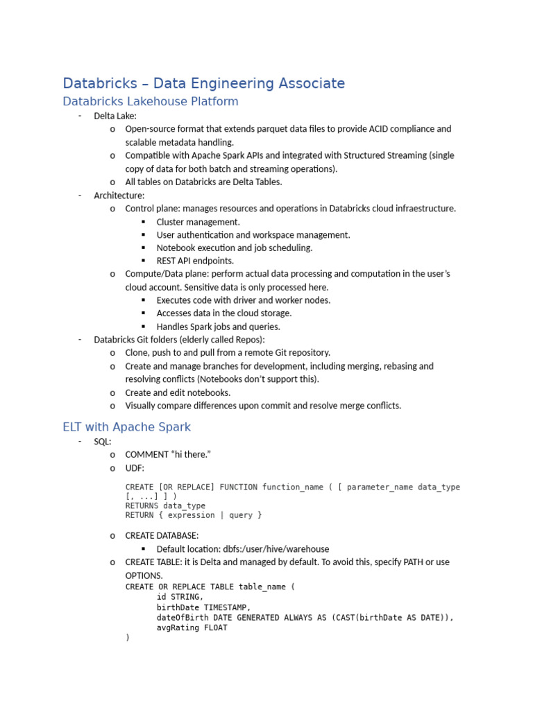 Databricks Data Engineer Associate Notes | PDF | Computer Cluster ...
