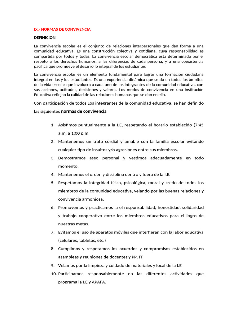 Normas para una Convivencia Escolar Saludable | PDF | Salón de clases ...