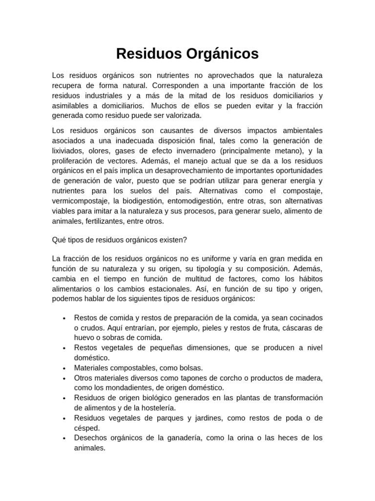 Tipos y Manejo de Residuos Orgánicos | PDF