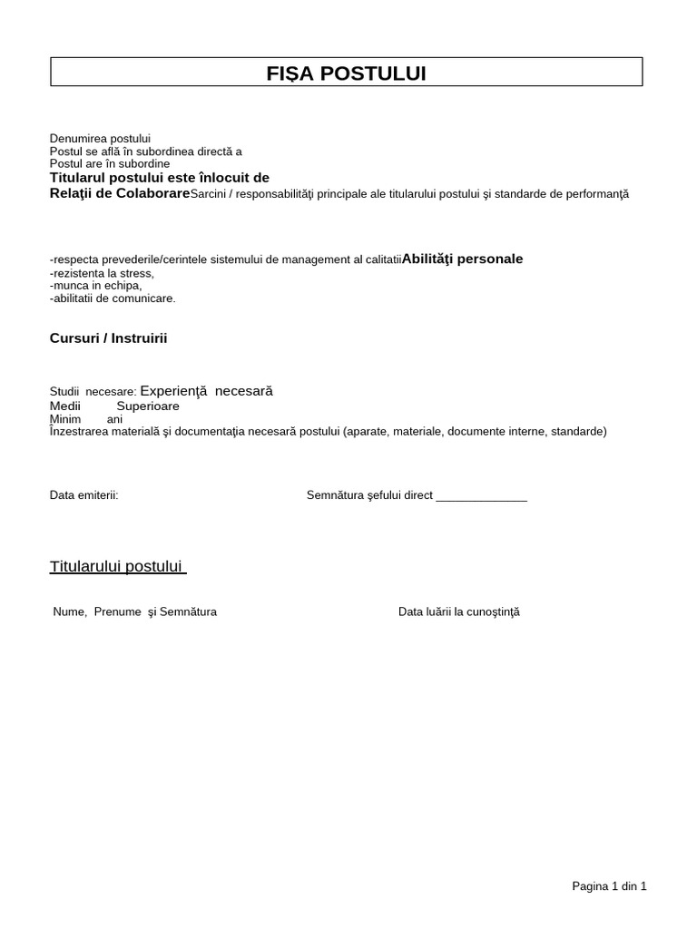Fisa Postului Model | PDF