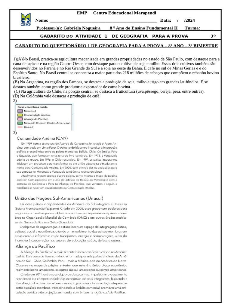 Gabarito Prova Geografia 8º Ano 2024 | PDF
