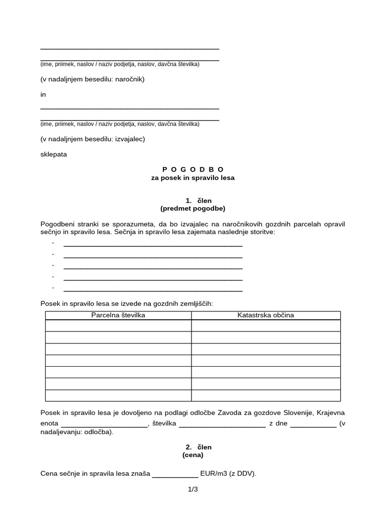 Vzorec Pogodbe Za Posek in Spravilo Lesa | PDF