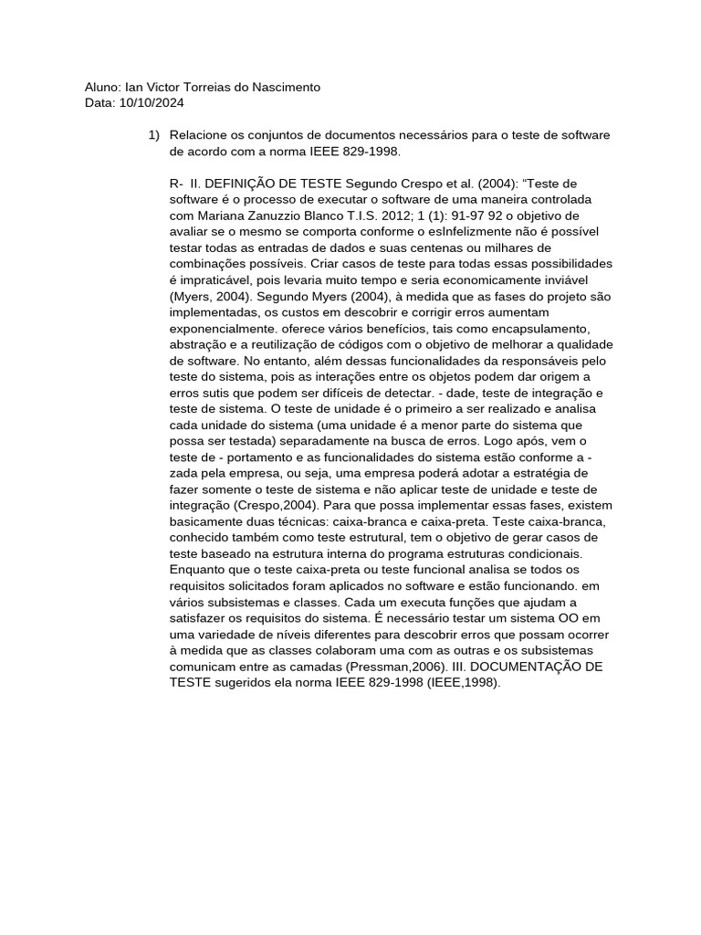 Documentação de Teste em Engenharia de Software | PDF | Testes de ...