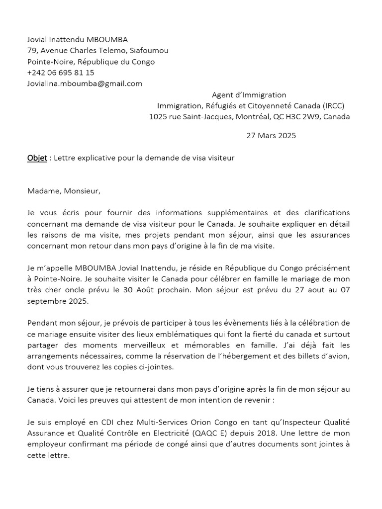 Lettre Explicative Pour Ma Demande de Visa Visiteur | PDF | Canada ...