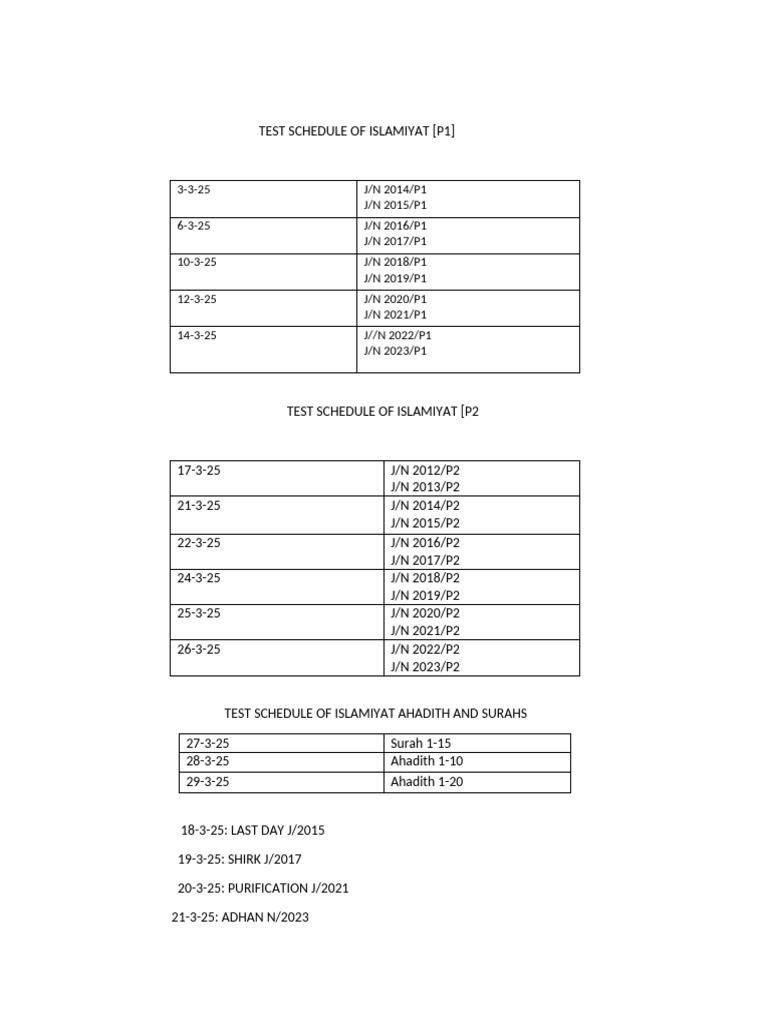 Islamiat Test Schedule 2025 | PDF